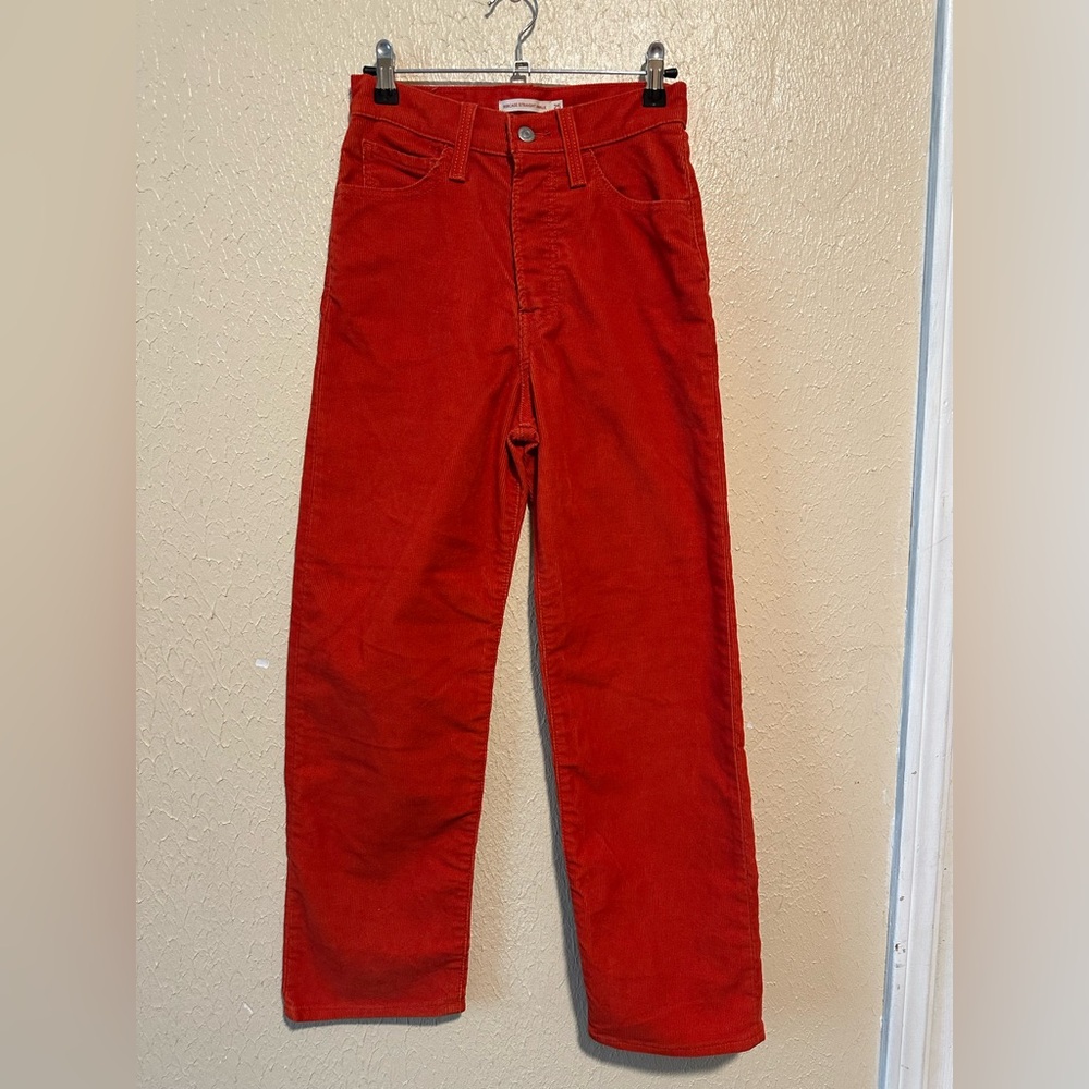 Levi's Orange Ribcage Straight Ankle Corduroy Pants Size 25 Hidden Button Fly